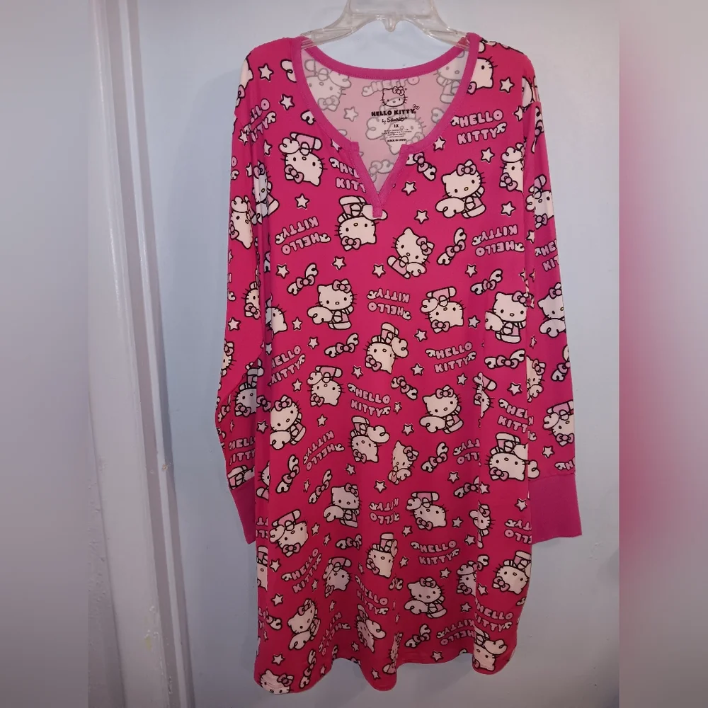 Hello Kitty Pink White Graphic pajamas Nightgown Night Shirt  Long Sleeve 1X